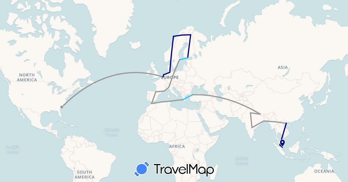 TravelMap itinerary: driving, plane, boat in Belgium, Germany, Spain, Finland, France, Greece, India, Italy, Morocco, Malaysia, Netherlands, Norway, Nepal, Sweden, Singapore, Turkmenistan, Tunisia, Turkey, United States, Vietnam (Africa, Asia, Europe, North America)